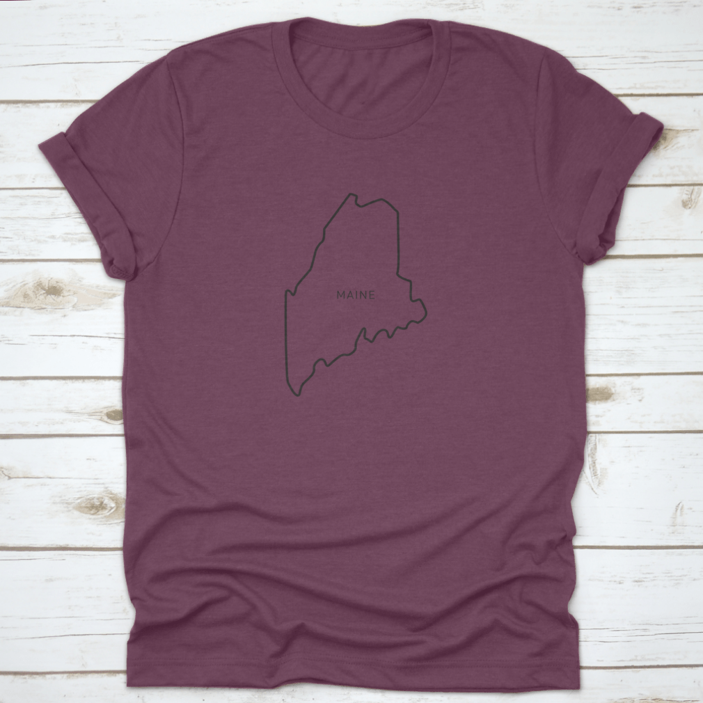 A stylish t-shirt featuring a simple typography outline of the state of Maine, made from high-quality cotton fabric.